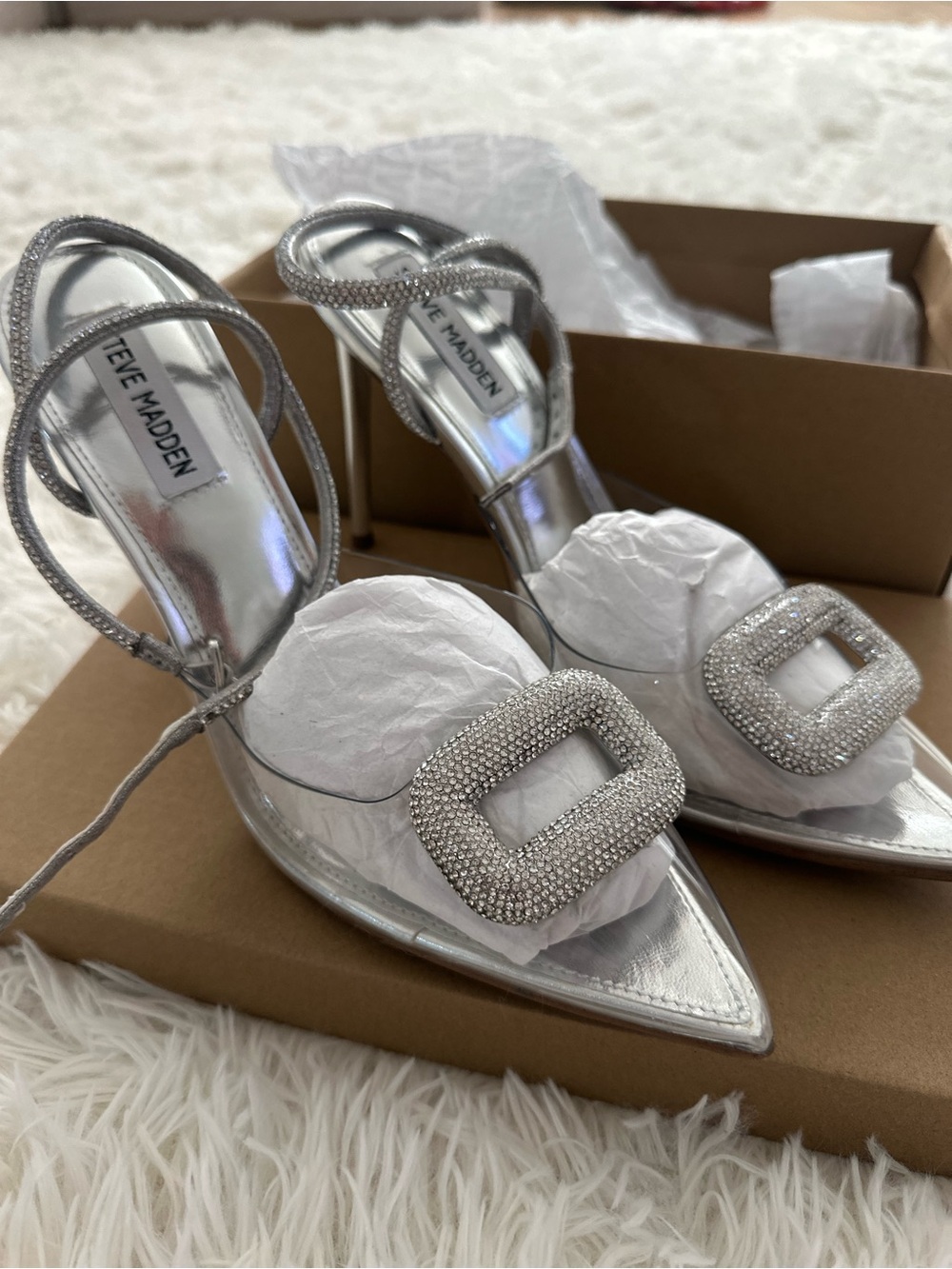 Steve Madden Silver Rhinestone-Buckle Pointed Stiletto Heels